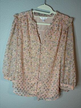 LC Lauren Conrad Pink Floral Sheer Blouse with Gold Foil